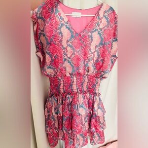 Women's Pink Snake-Print V-Neck Blouson Waist Top